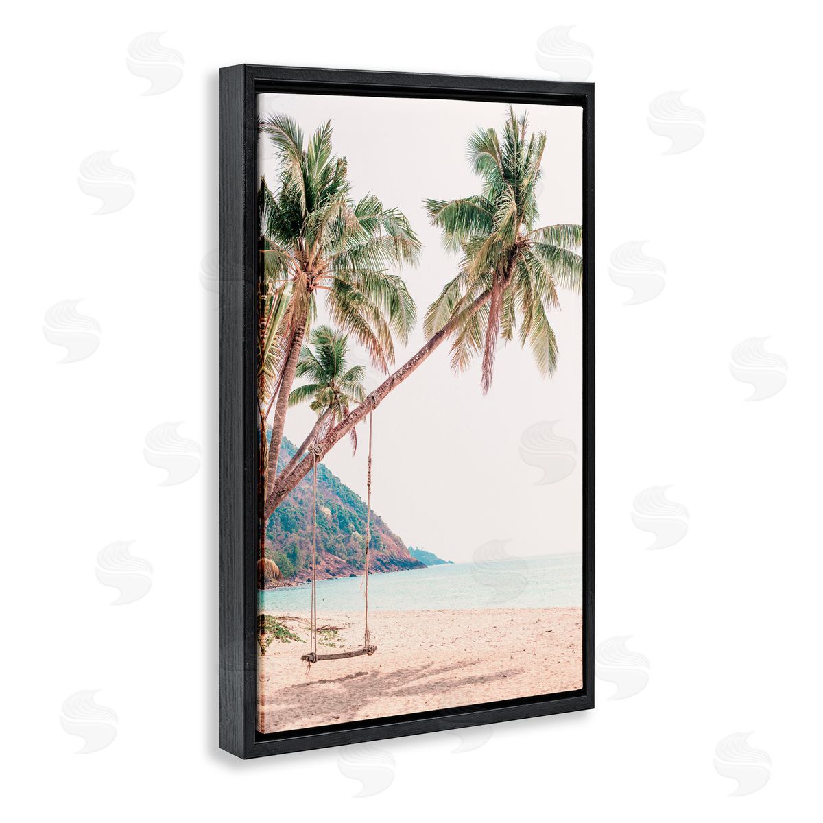 Sisi and Seb Rope Swing on Palm Tree Black Floating Frame Canvas Wall Art Print