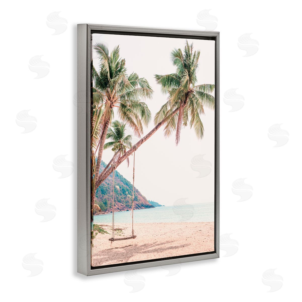 Sisi and Seb Rope Swing on Palm Tree Gray Floating Frame Canvas Art Print