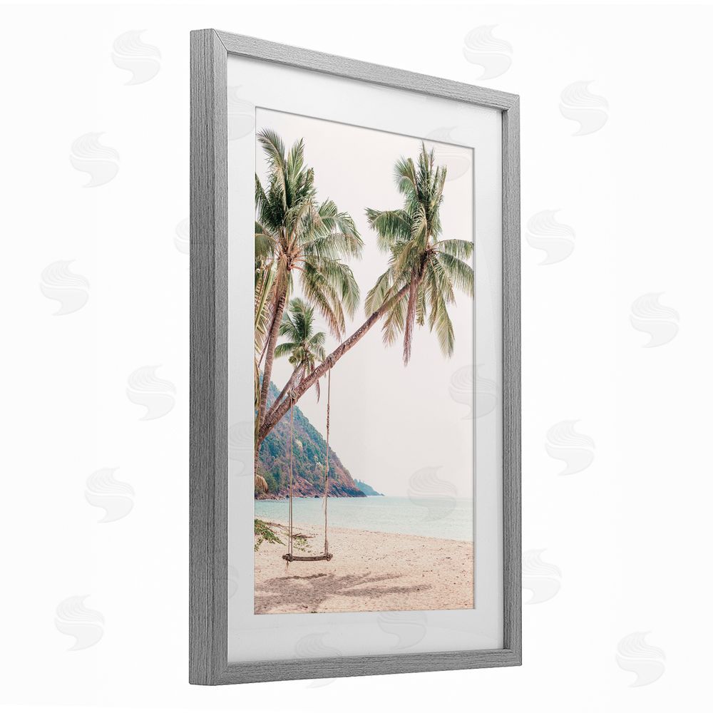 Sisi and Seb Rope Swing on Palm Tree Gray Framed Print Under Glass Art