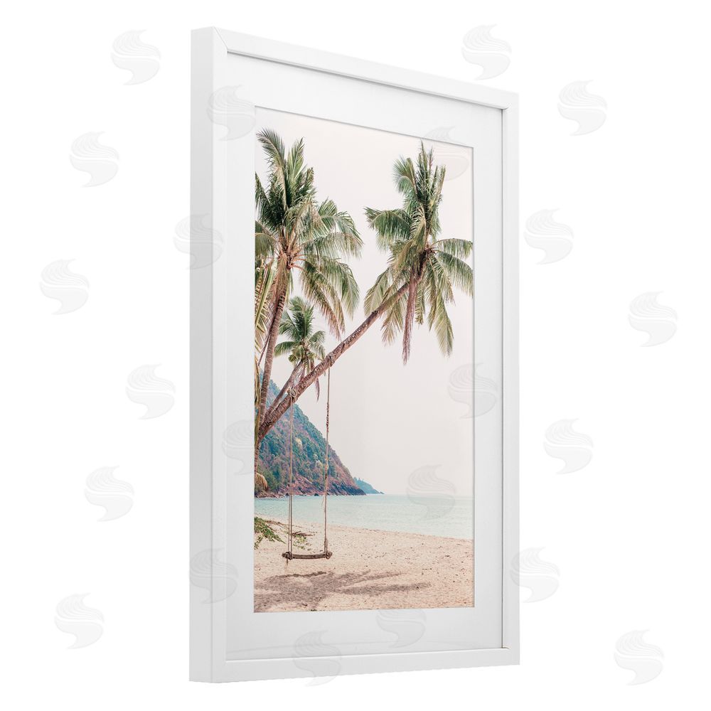 Sisi and Seb Rope Swing on Palm Tree White Framed Print Under Glass Art