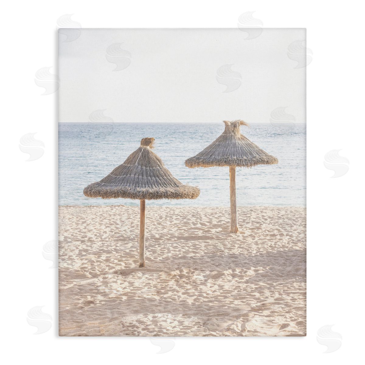 Sisi and Seb Straw Umbrellas on Beach Canvas Wall Art Print