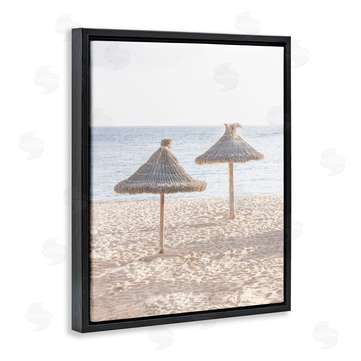 Sisi and Seb Straw Umbrellas on Beach Black Floating Frame Canvas Wall Art Print