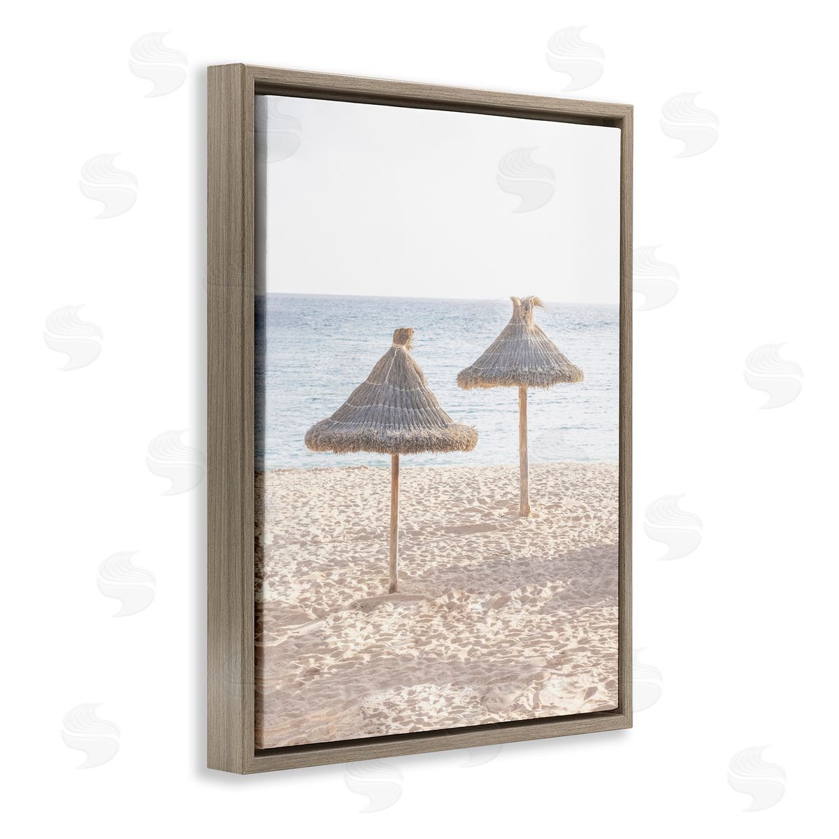 Sisi and Seb Straw Umbrellas on Beach Brown Floating Frame Canvas Art Print