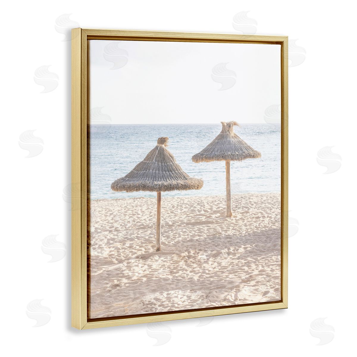 Sisi and Seb Straw Umbrellas on Beach Gold Floating Frame Canvas Art Print