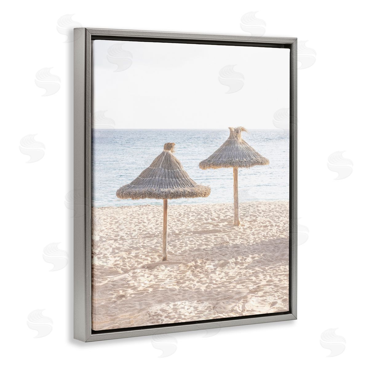 Sisi and Seb Straw Umbrellas on Beach Gray Floating Frame Canvas Art Print