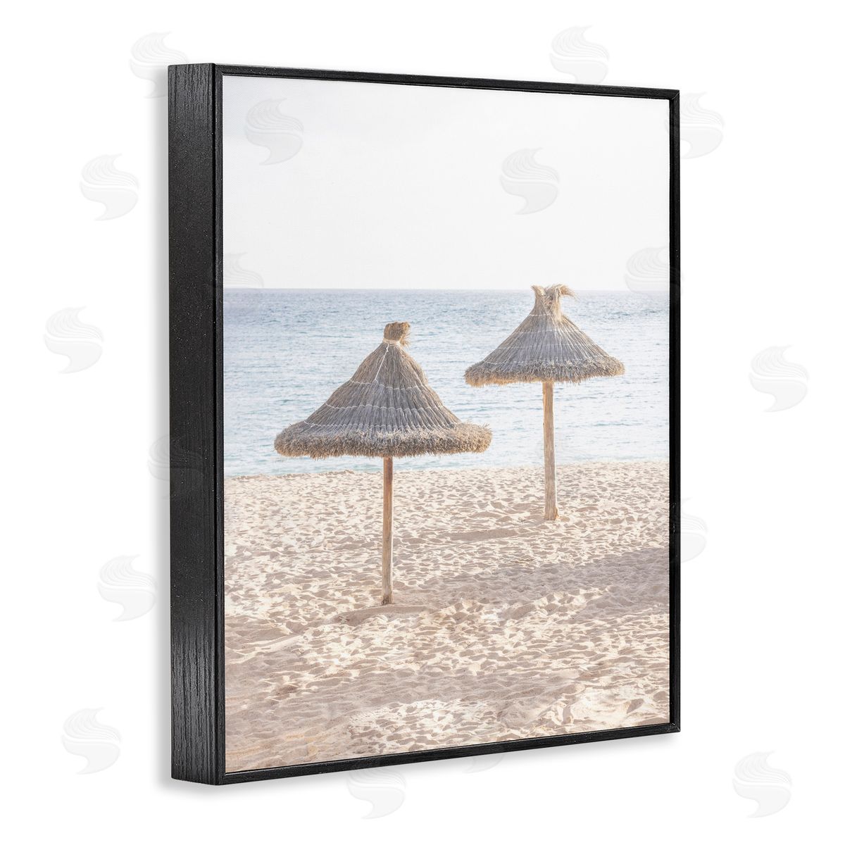 Sisi and Seb Straw Umbrellas on Beach Black Framed Giclee Art Print