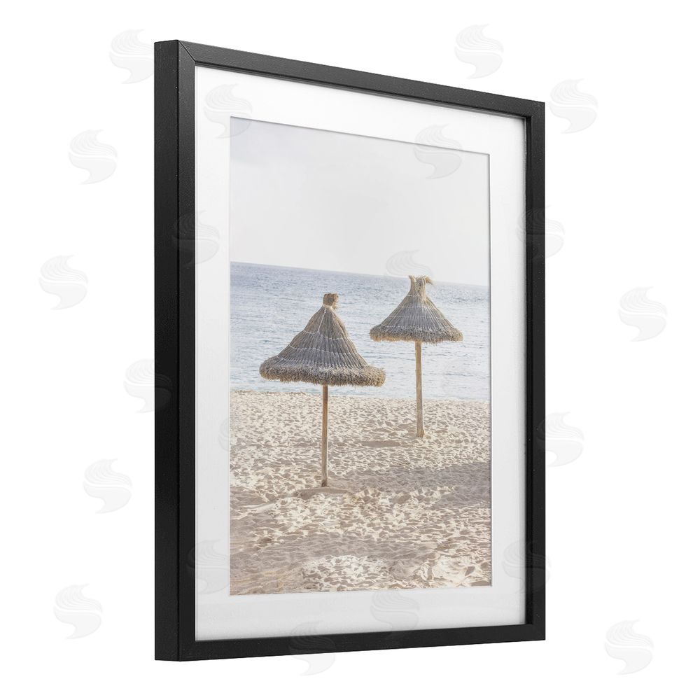 Sisi and Seb Straw Umbrellas on Beach Black Framed Print Under Glass Art