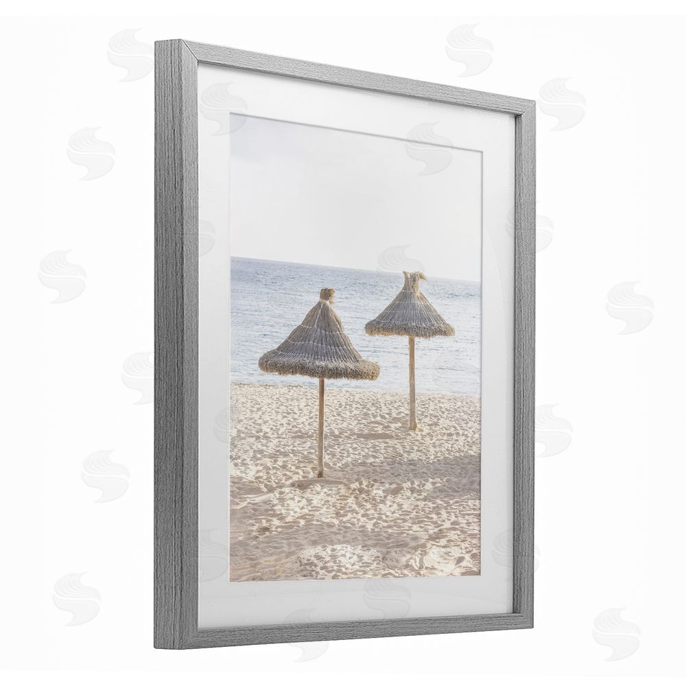 Sisi and Seb Straw Umbrellas on Beach Gray Framed Print Under Glass Art