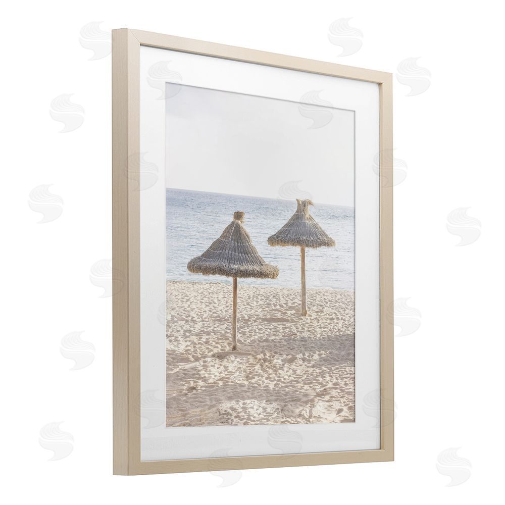 Sisi and Seb Straw Umbrellas on Beach Birch Framed Print Under Glass Art