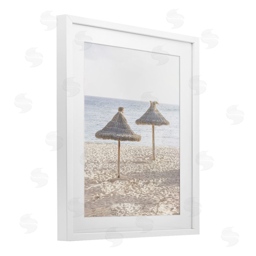 Sisi and Seb Straw Umbrellas on Beach White Framed Print Under Glass Art