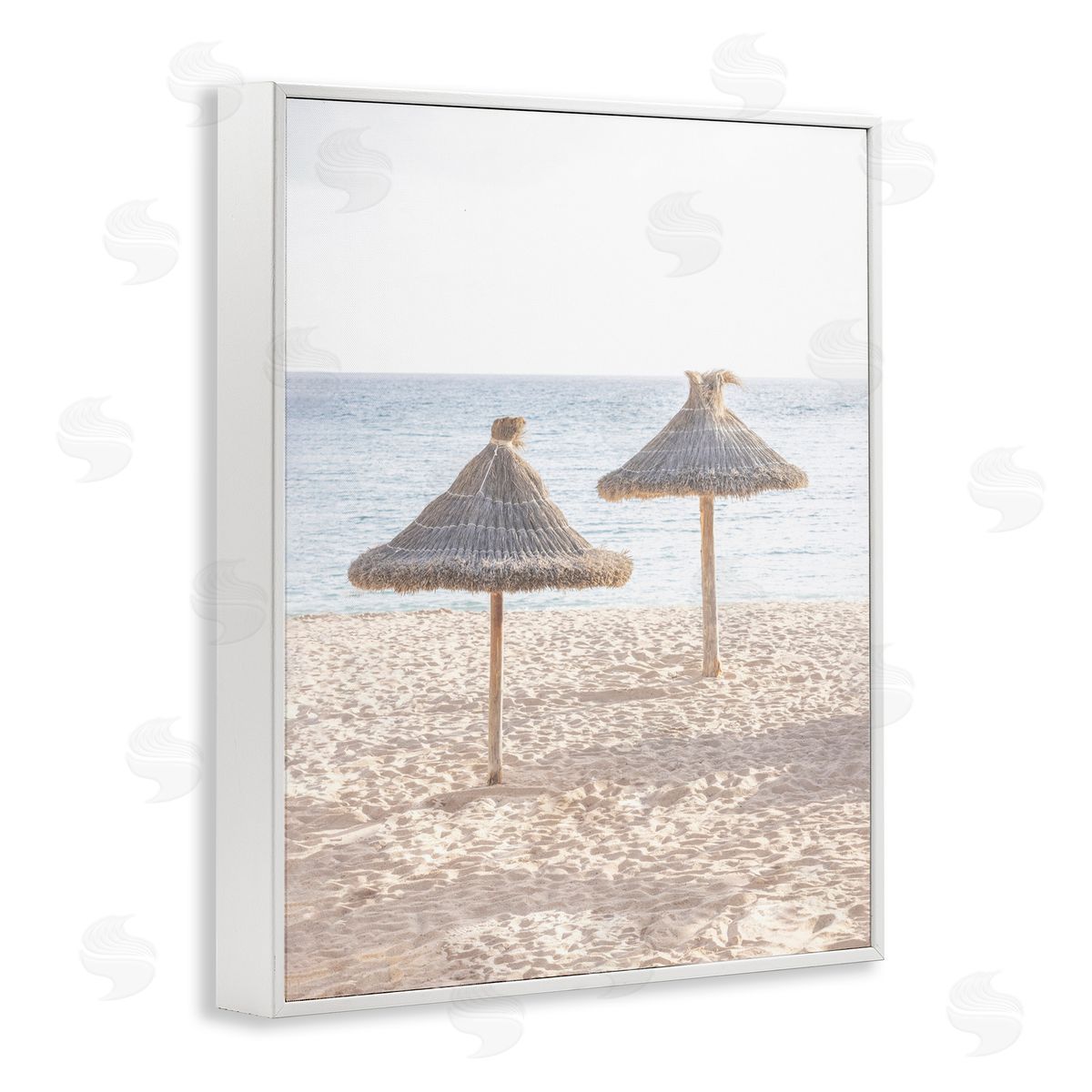 Sisi and Seb Straw Umbrellas on Beach White Frame Giclee Art Print