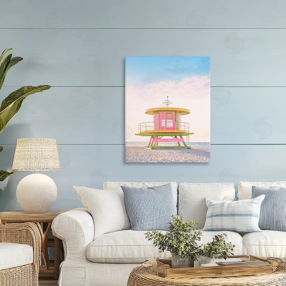 Sisi and Seb Pink Lifeguard Stand Landscape Printed Wall Art in Room