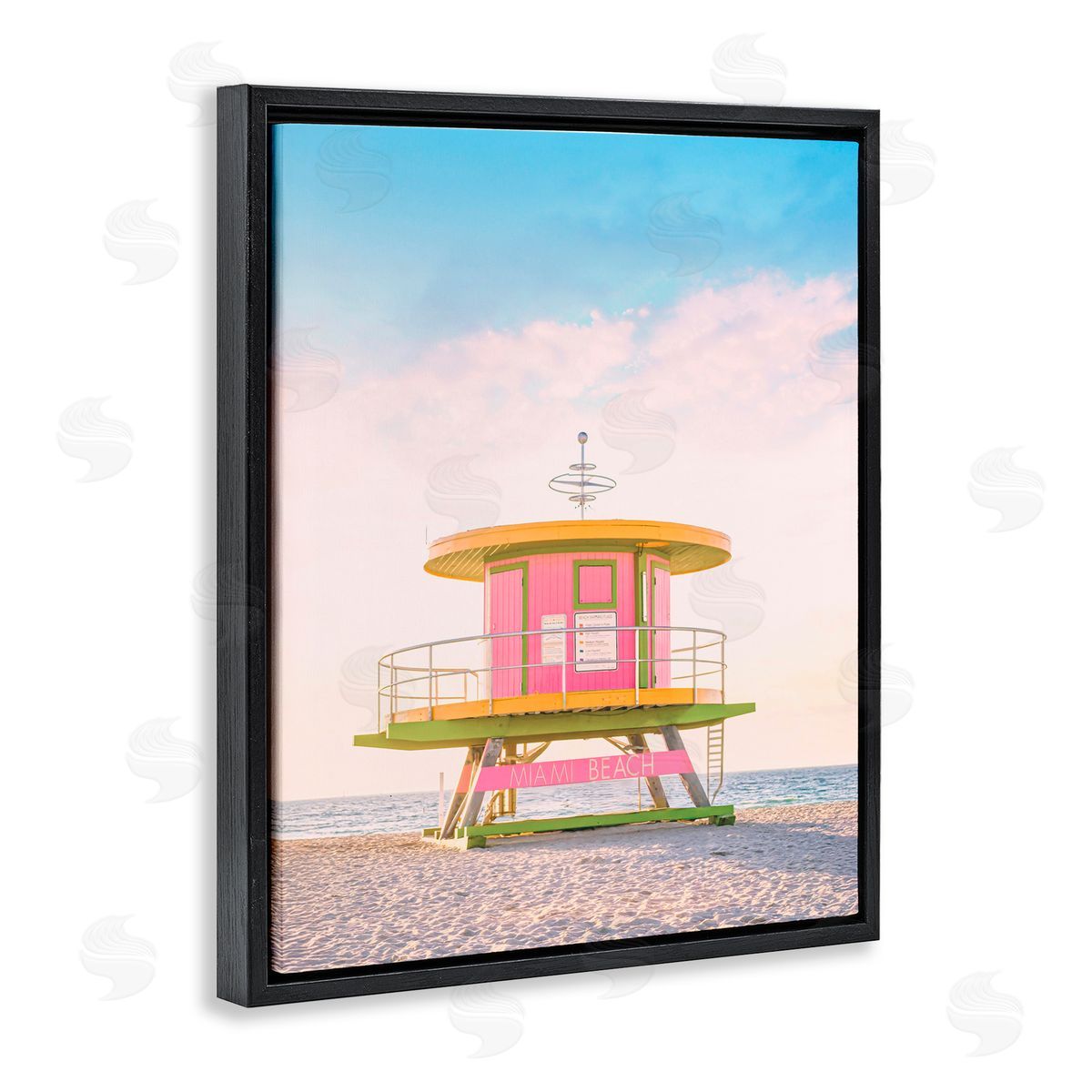 Sisi and Seb Pink Lifeguard Stand Landscape Black Floating Frame Canvas Wall Art Print