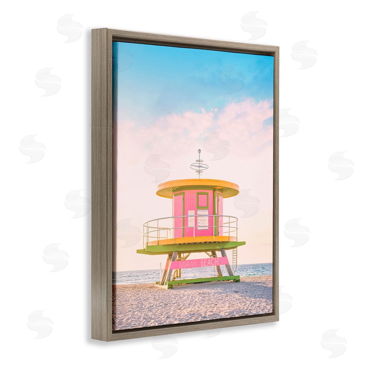 Sisi and Seb Pink Lifeguard Stand Landscape Brown Floating Frame Canvas Art Print