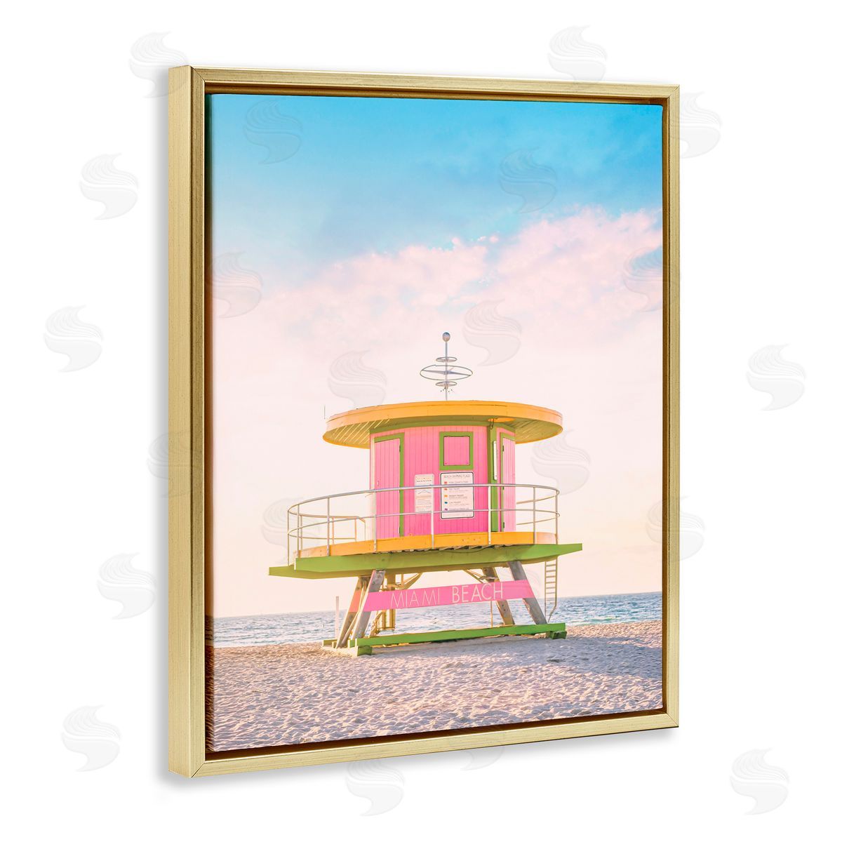Sisi and Seb Pink Lifeguard Stand Landscape Gold Floating Frame Canvas Art Print