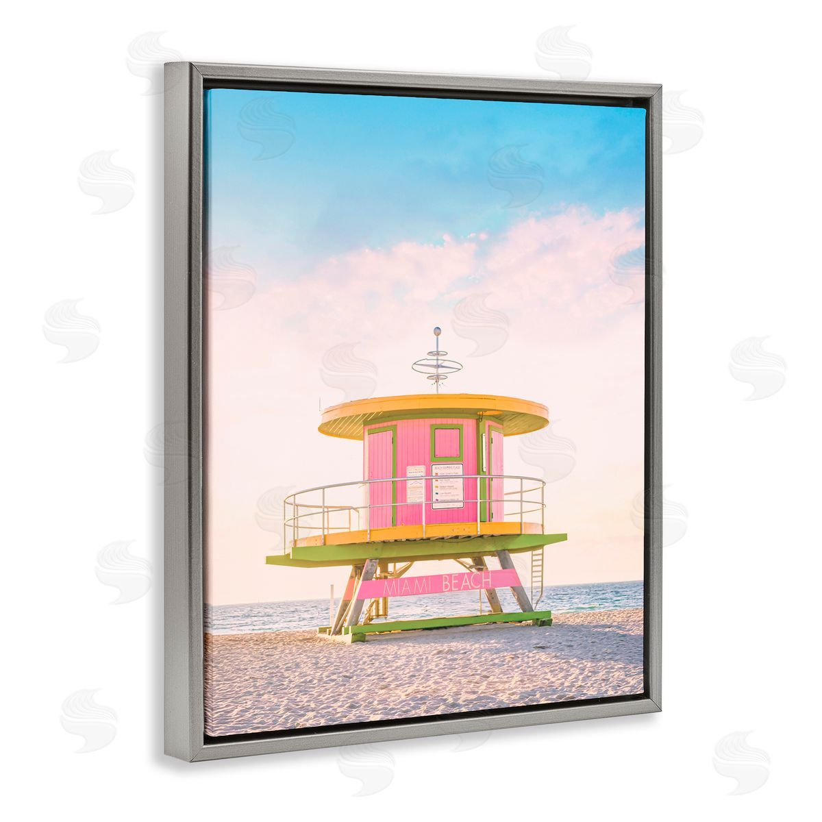 Sisi and Seb Pink Lifeguard Stand Landscape Gray Floating Frame Canvas Art Print
