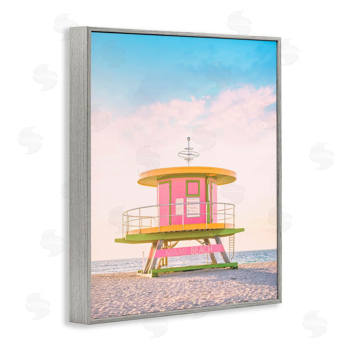 Sisi and Seb Pink Lifeguard Stand Landscape Gray Framed Giclee Art Print