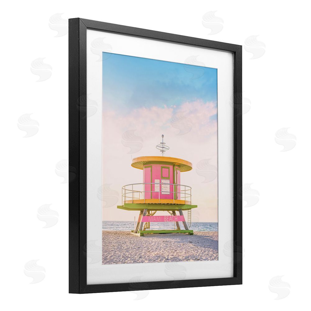 Sisi and Seb Pink Lifeguard Stand Landscape Black Framed Print Under Glass Art