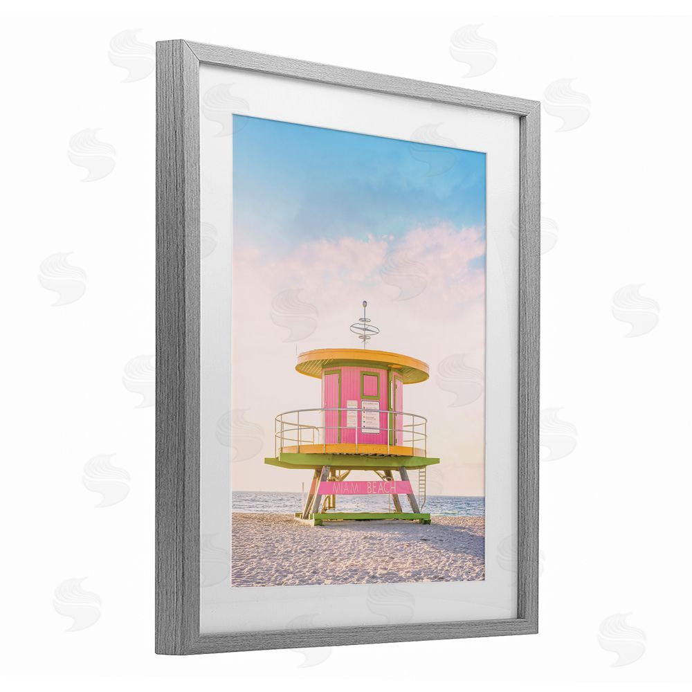 Sisi and Seb Pink Lifeguard Stand Landscape Gray Framed Print Under Glass Art