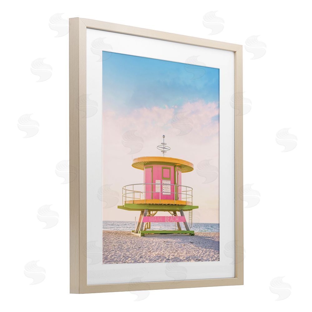 Sisi and Seb Pink Lifeguard Stand Landscape Birch Framed Print Under Glass Art