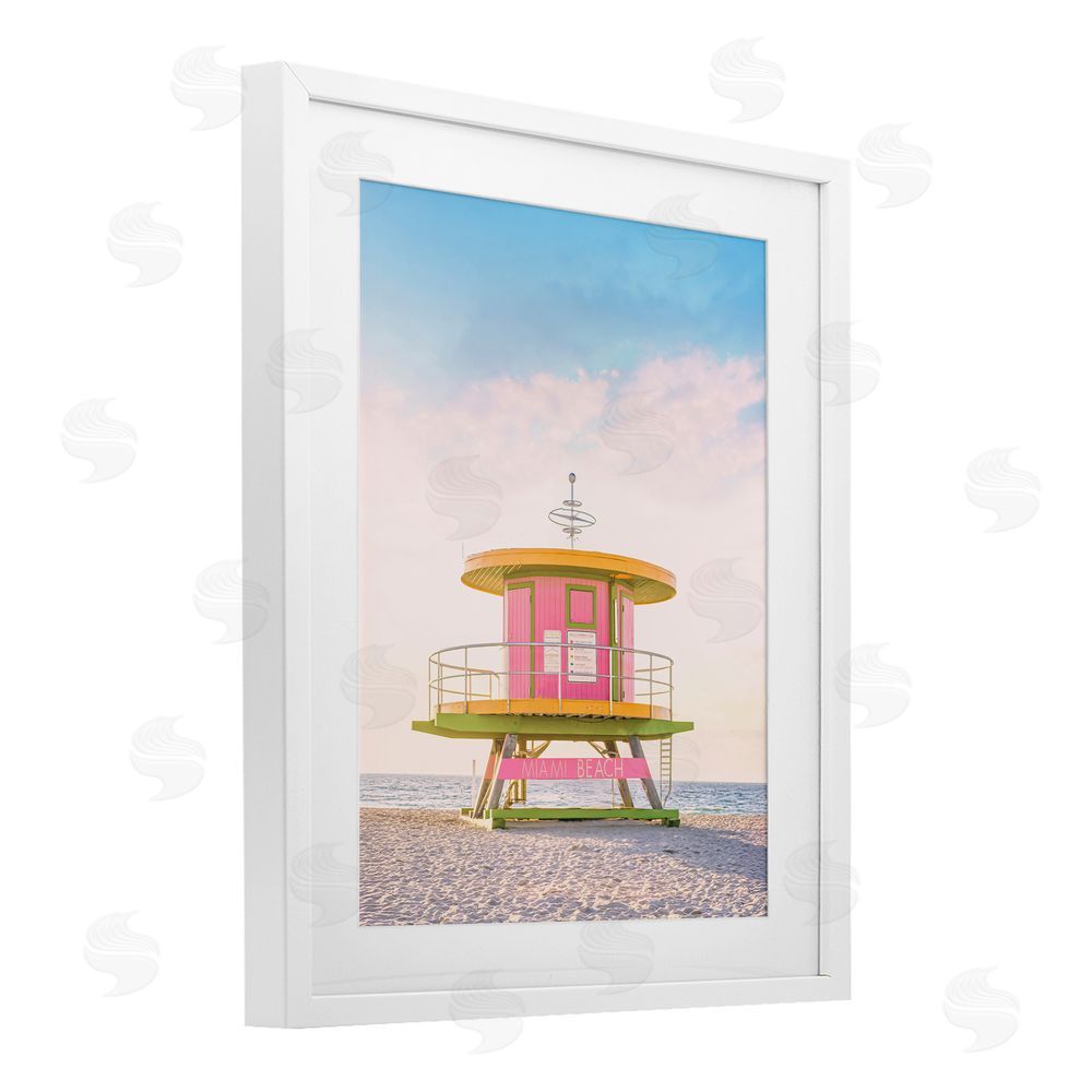 Sisi and Seb Pink Lifeguard Stand Landscape White Framed Print Under Glass Art
