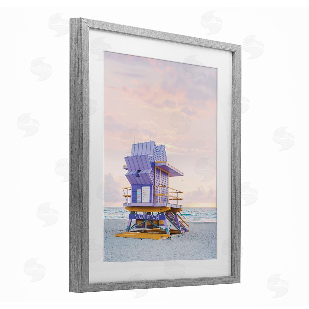 Sisi and Seb Purple Lifeguard Stand Landscape Gray Framed Print Under Glass Art