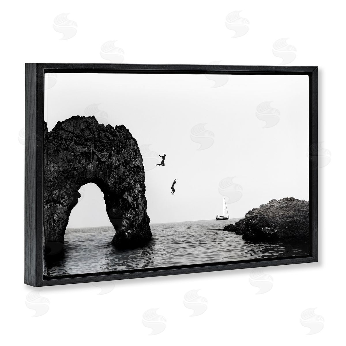 Sisi and Seb Cliff Jumping into Sea Black Floating Frame Canvas Wall Art Print
