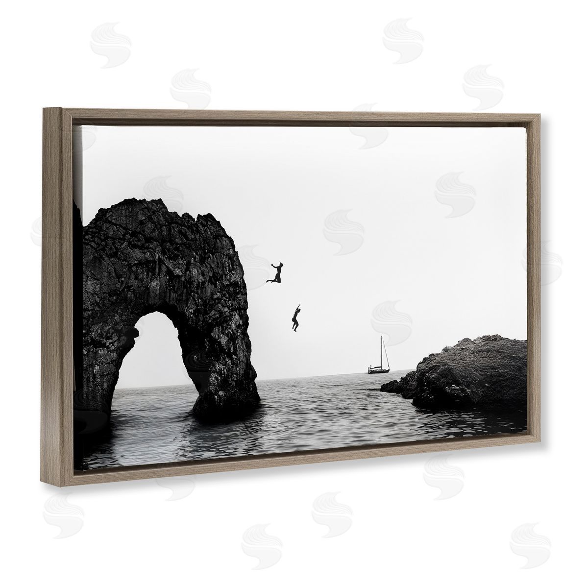 Sisi and Seb Cliff Jumping into Sea Brown Floating Frame Canvas Art Print