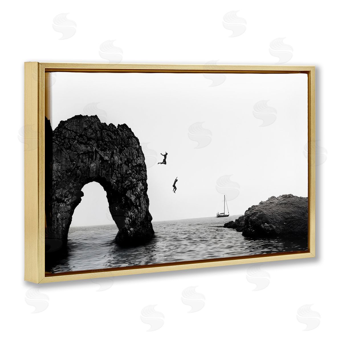 Sisi and Seb Cliff Jumping into Sea Gold Floating Frame Canvas Art Print