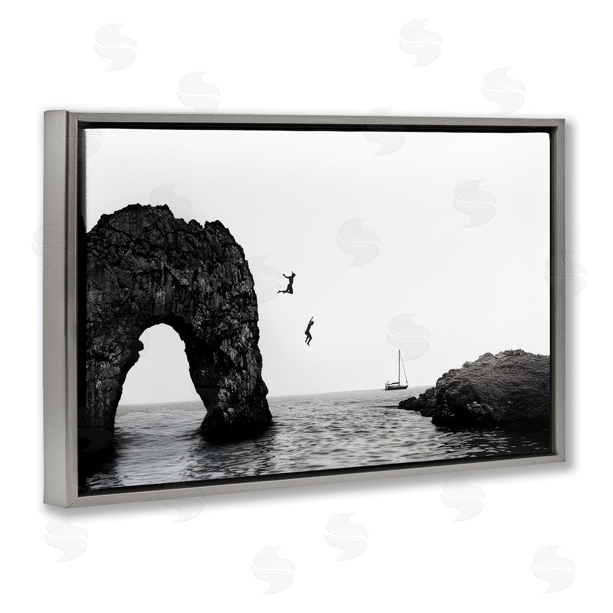 Sisi and Seb Cliff Jumping into Sea Gray Floating Frame Canvas Art Print
