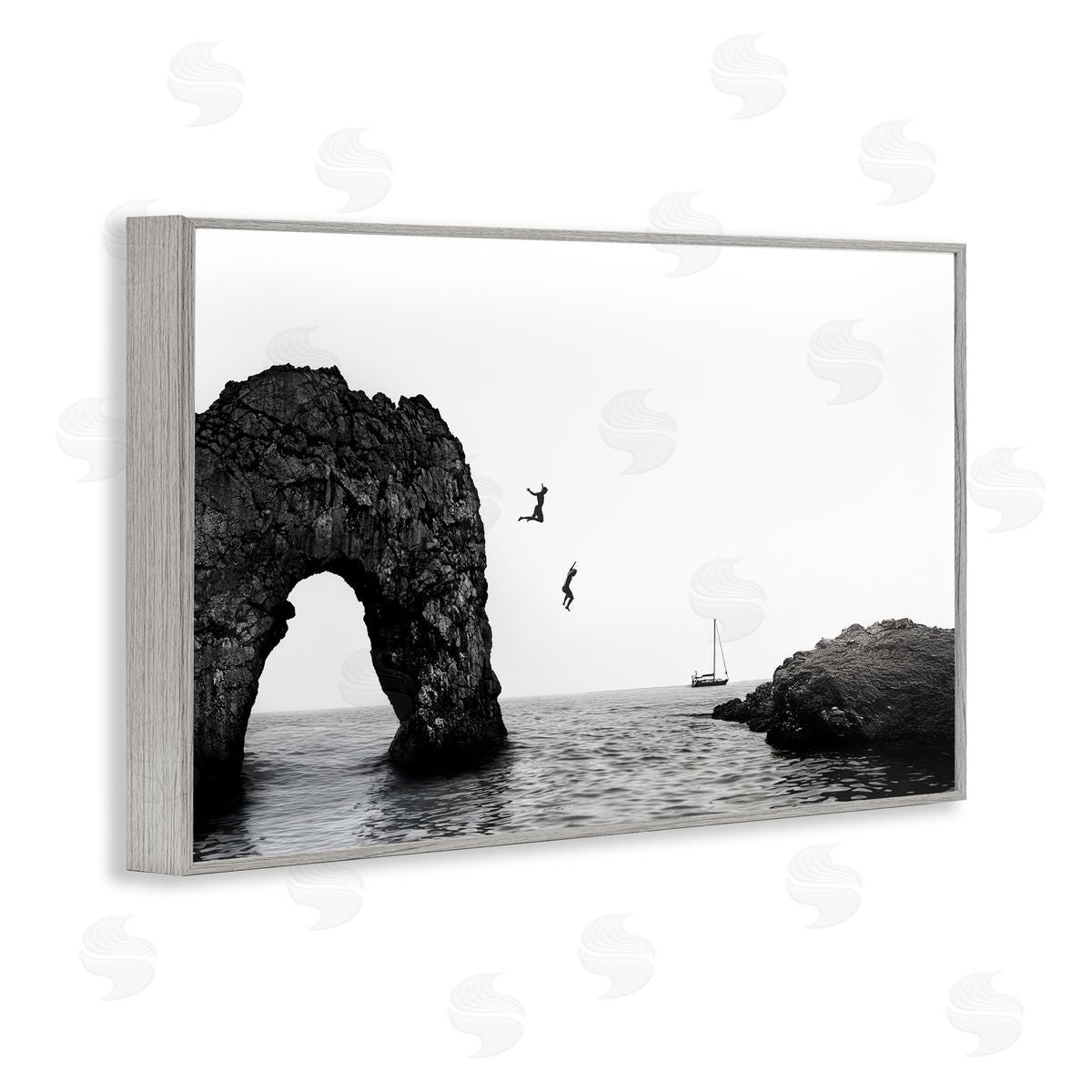 Sisi and Seb Cliff Jumping into Sea Gray Framed Giclee Art Print