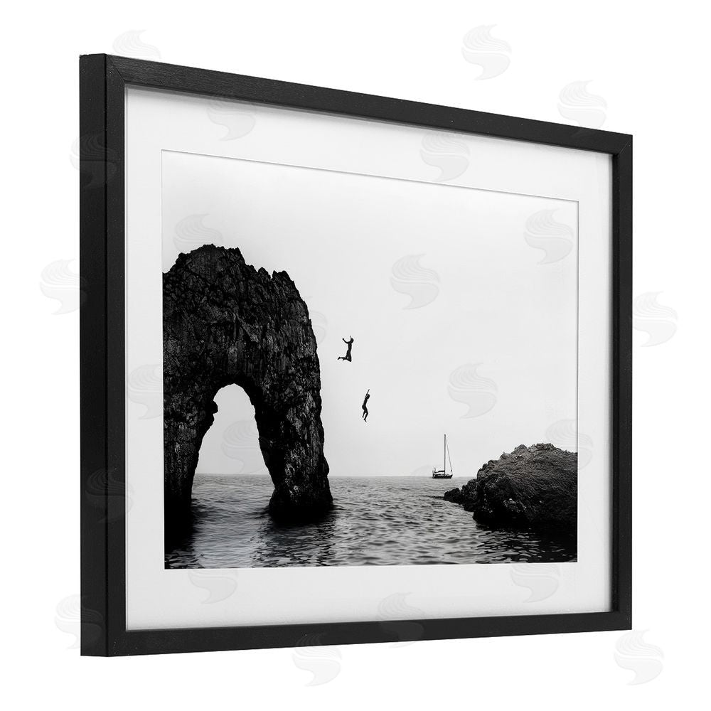Sisi and Seb Cliff Jumping into Sea Black Framed Print Under Glass Art