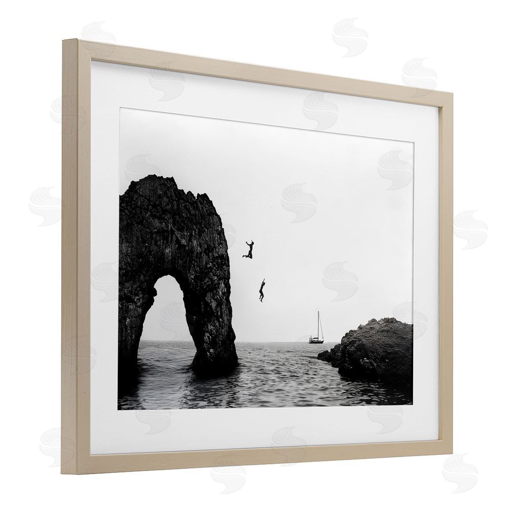 Sisi and Seb Cliff Jumping into Sea Birch Framed Print Under Glass Art