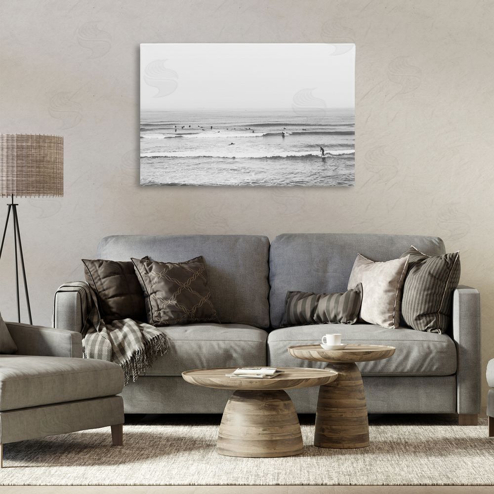 Sisi and Seb Surfers Riding Waves Monochrome Printed Wall Art in Room
