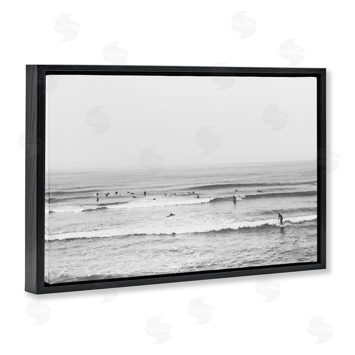 Sisi and Seb Surfers Riding Waves Monochrome Black Floating Frame Canvas Wall Art Print