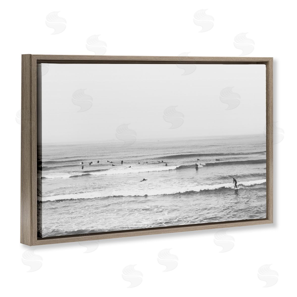 Sisi and Seb Surfers Riding Waves Monochrome Brown Floating Frame Canvas Art Print