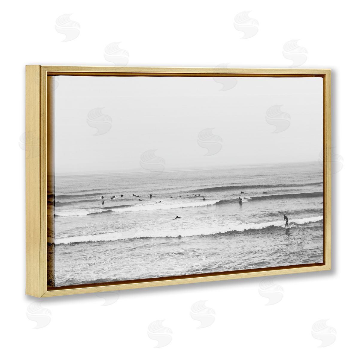 Sisi and Seb Surfers Riding Waves Monochrome Gold Floating Frame Canvas Art Print