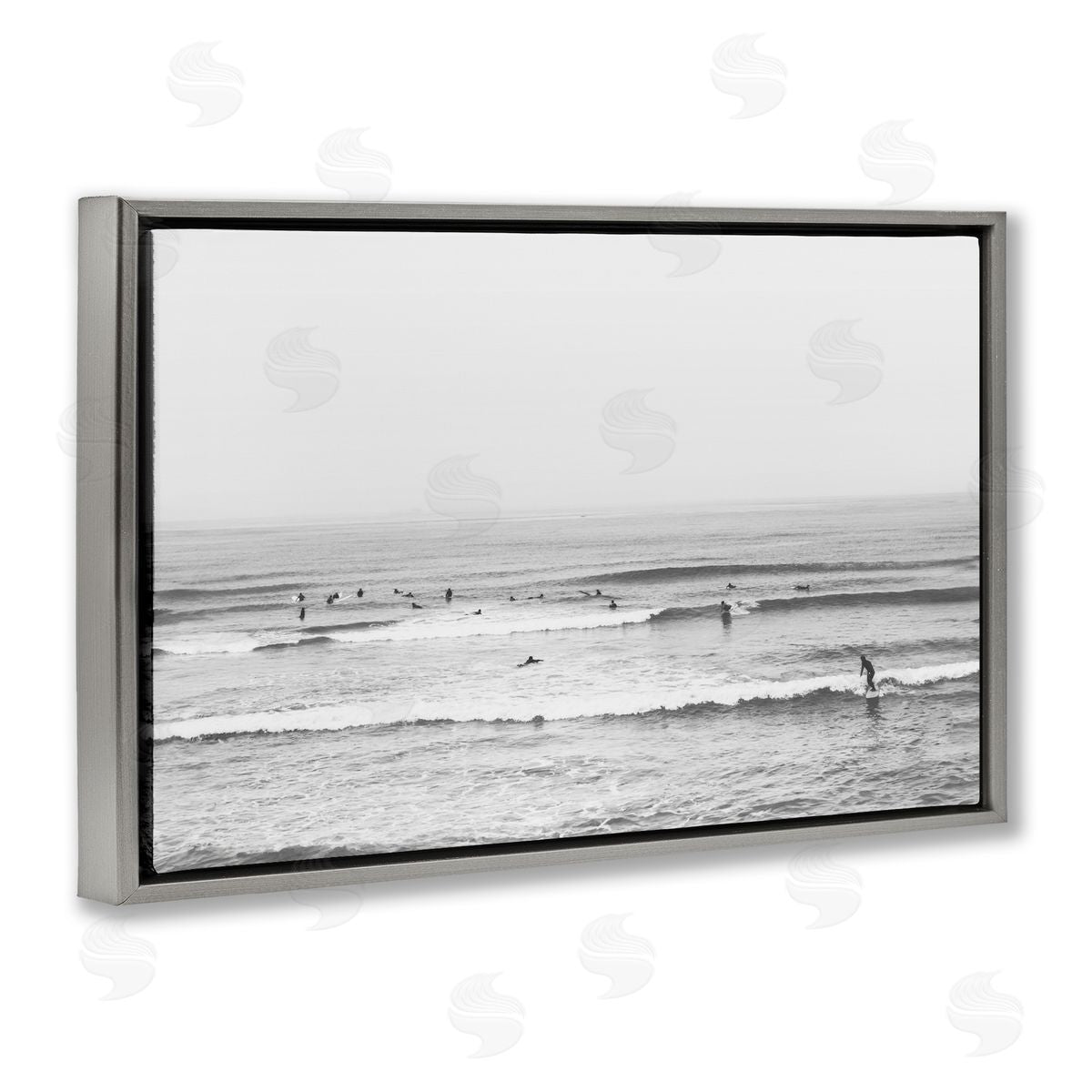 Sisi and Seb Surfers Riding Waves Monochrome Gray Floating Frame Canvas Art Print