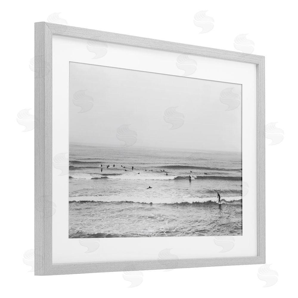 Sisi and Seb Surfers Riding Waves Monochrome Gray Framed Print Under Glass Art