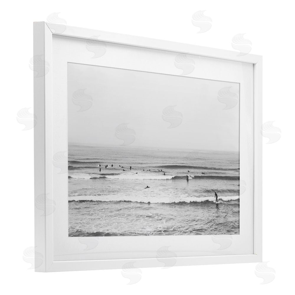 Sisi and Seb Surfers Riding Waves Monochrome White Framed Print Under Glass Art