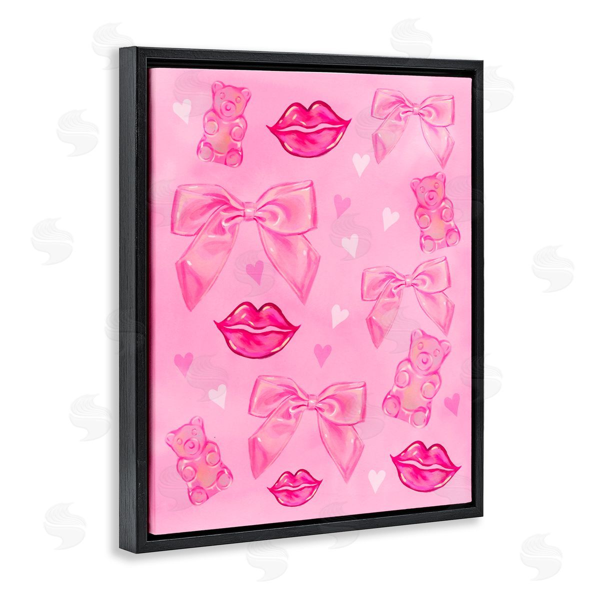 Ziwei Li Lips Bows & Bears on Pink Black Floating Frame Canvas Wall Art Print
