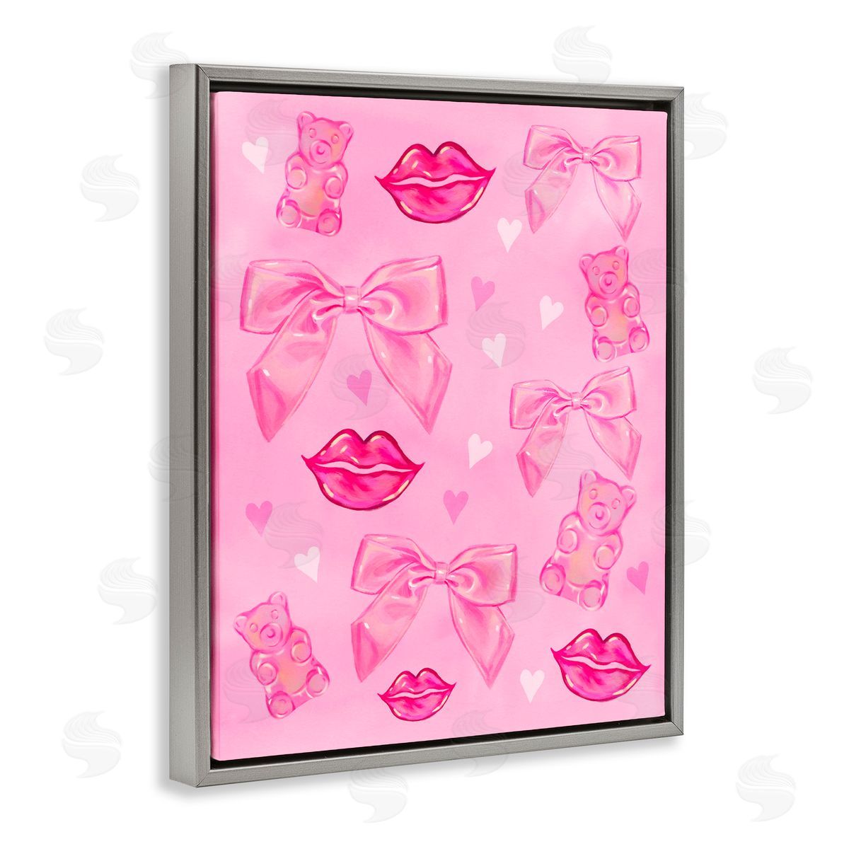 Ziwei Li Lips Bows & Bears on Pink Gray Floating Frame Canvas Art Print