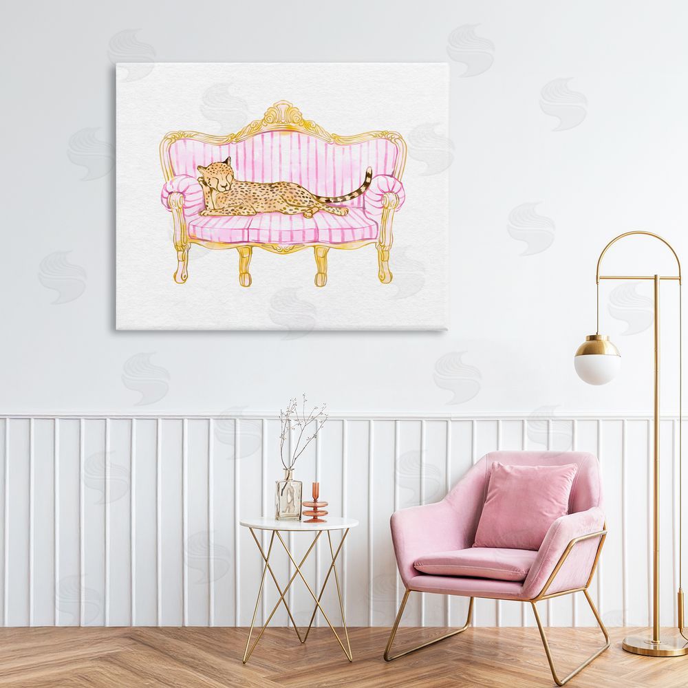 Ziwei Li Sleeping Leopard on Striped Sofa Printed Wall Art in Room
