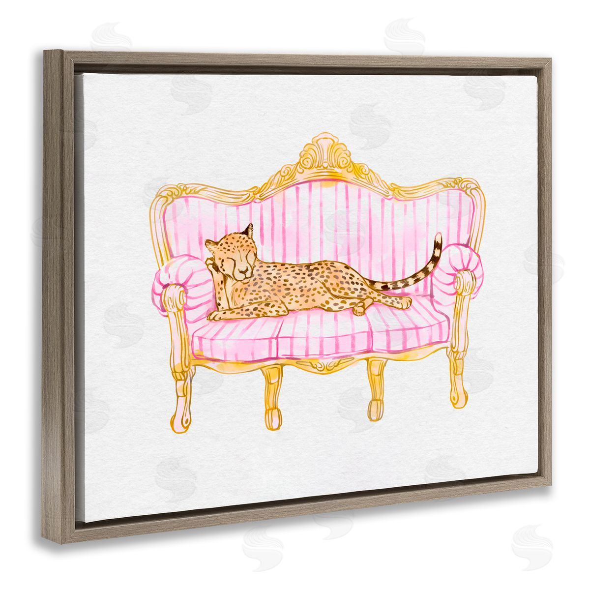 Ziwei Li Sleeping Leopard on Striped Sofa Brown Floating Frame Canvas Art Print