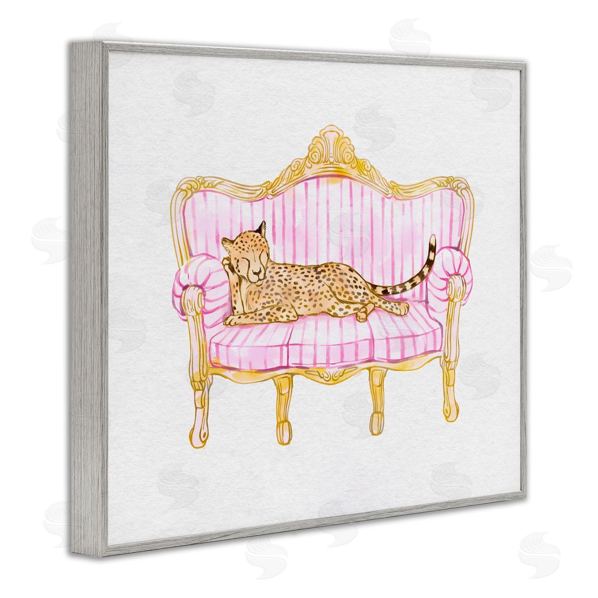 Ziwei Li Sleeping Leopard on Striped Sofa Gray Framed Giclee Art Print