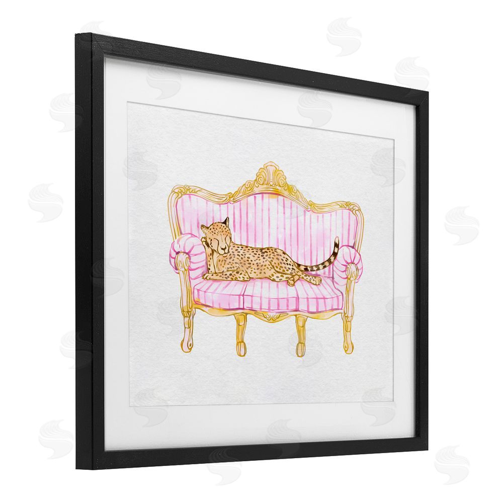 Ziwei Li Sleeping Leopard on Striped Sofa Black Framed Print Under Glass Art