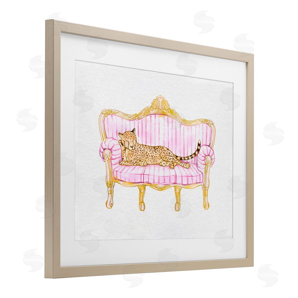 Ziwei Li Sleeping Leopard on Striped Sofa Birch Framed Print Under Glass Art