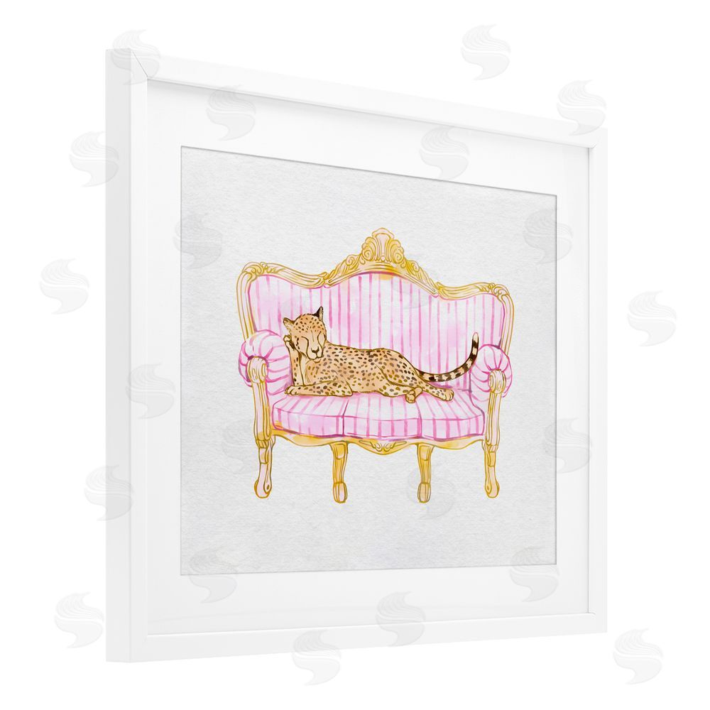 Ziwei Li Sleeping Leopard on Striped Sofa White Framed Print Under Glass Art