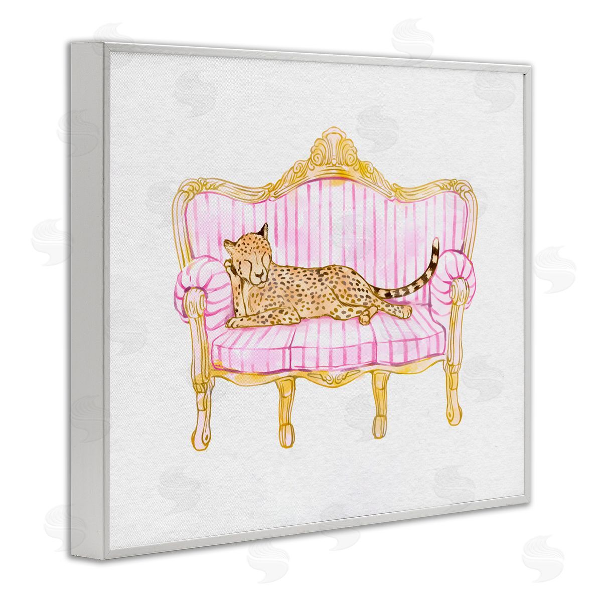 Ziwei Li Sleeping Leopard on Striped Sofa White Frame Giclee Art Print