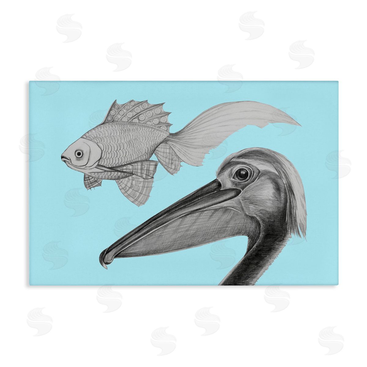 Violeta Vollmer Pelican & Fish Sketch on Blue Canvas Wall Art Print